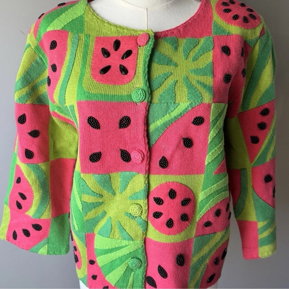 Vintage Michael Simon Watermelon Cardigan Novelty Fruit Sweater Colorful